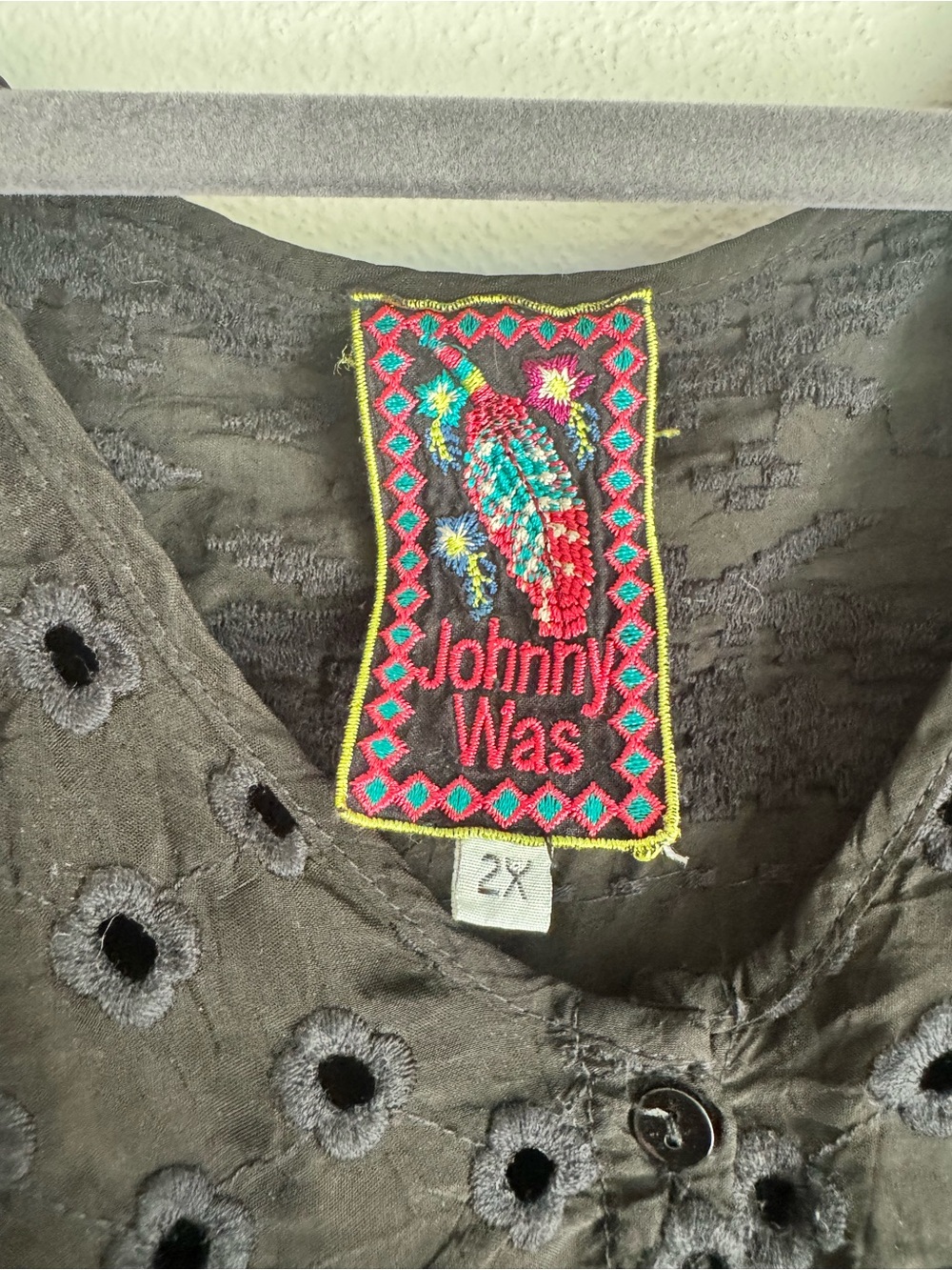 Johnny Was Black Eyelet V-Neck Long Sleeve button Front Top - Picture 8 of 10